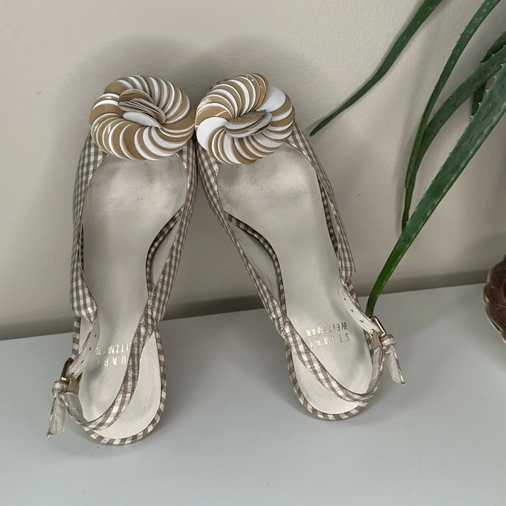 Stuart Weitzman Gingham Slingback Heels 7M | Platform Peep Toe Floral Bow - Picture 7 of 14
